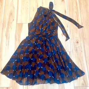 Eliza J New York Dress Halter Style Sleeveless Neck Tie Brown Blue Circles Sz 10